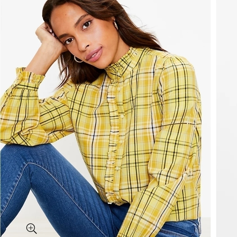 Loft Women's Yellow Plaid Long Sleeve Button Up Ruffle Shirt Size Large - Picture 3 of 12
